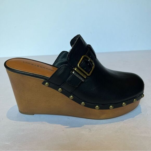 Lucky Brand Black Leather Mules with Wooden Wedge - Picture 4 of 9